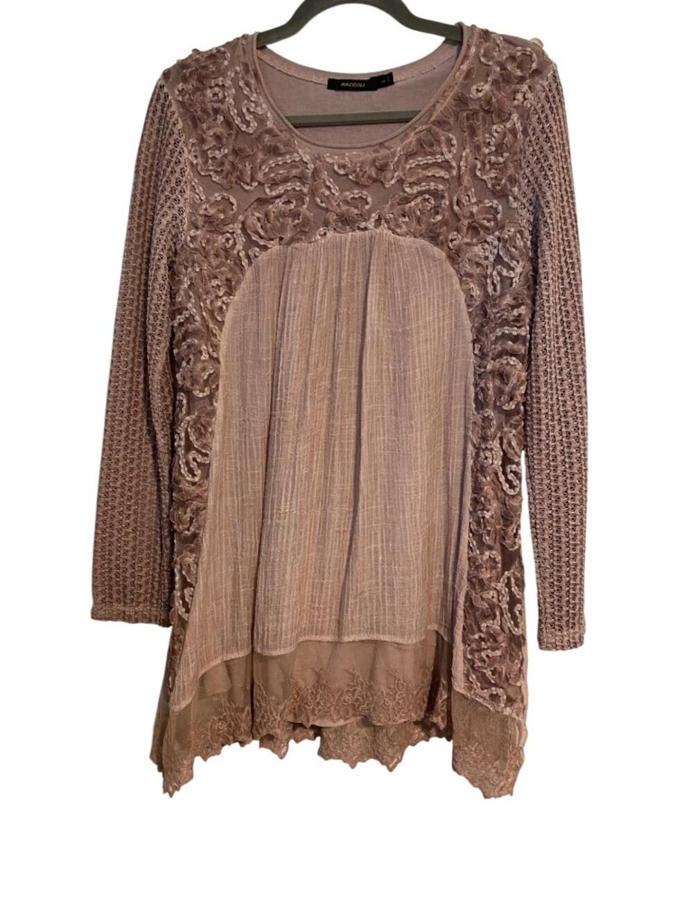 Radzoli Women's S Taupe Tunic Top Lace Embroidered Long Sleeves Feminine Cottage